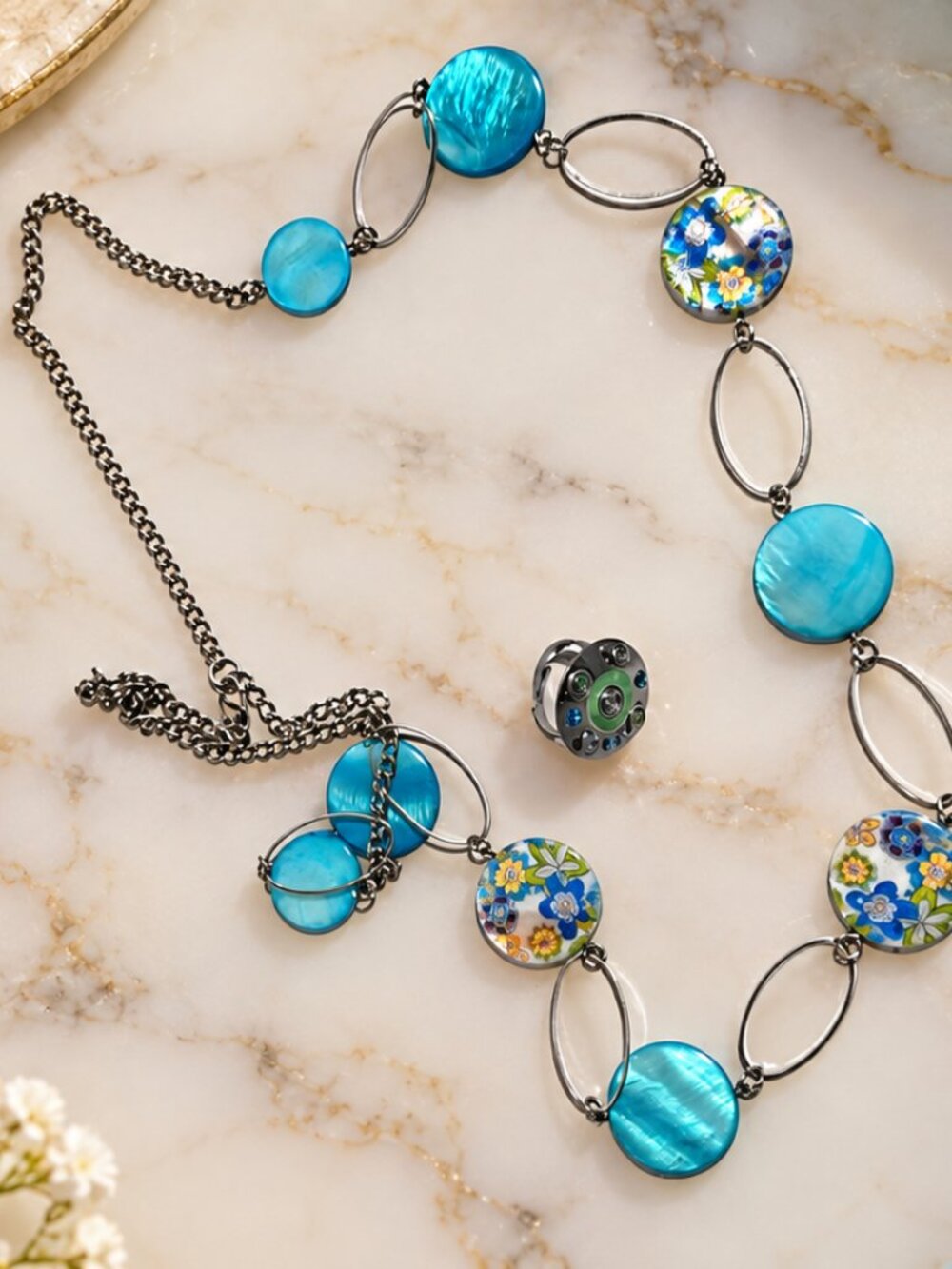 Boho Blue Floral Necklace & Statement Ring Jewelry Set